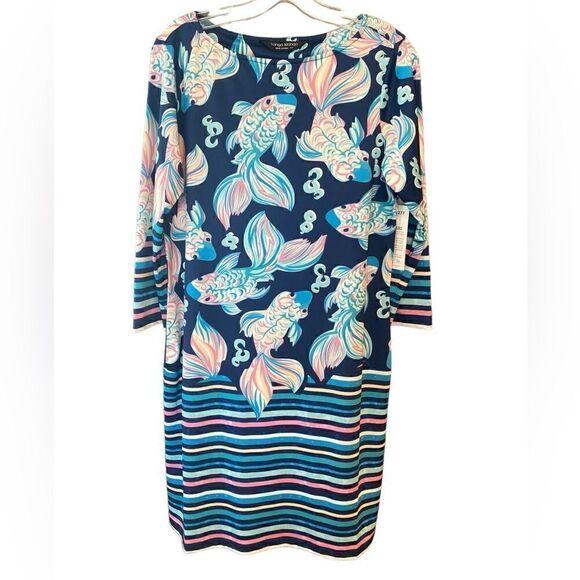 Tango Mango S NWT Blue Pink Koi Fish Stripe ALine Summer Cruise Vacation Dress - Picture 2 of 9